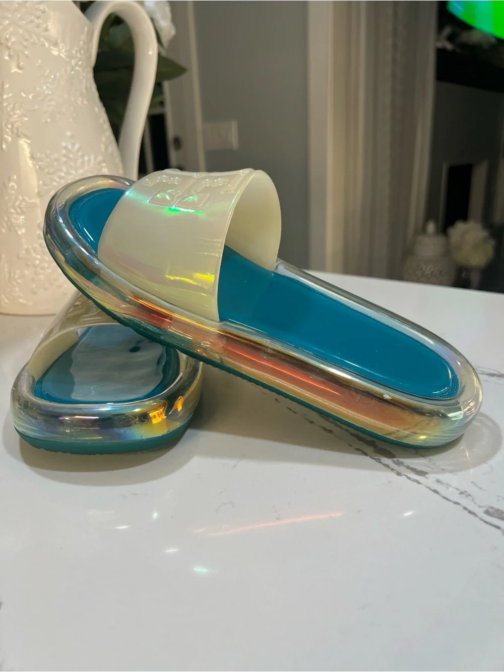 Tory Burch Green Teal Footbed Iridescent Slide Sandals size 7